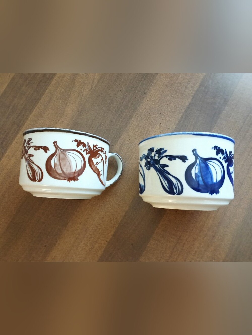 Vintage Cobalt Blue & Brown Vegetable Large Ceramic Soup Mugs